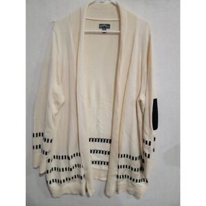 Market & Spruce Adelie Cardigan 2X Womens Ivory Black Stripe Elbow Patch Open